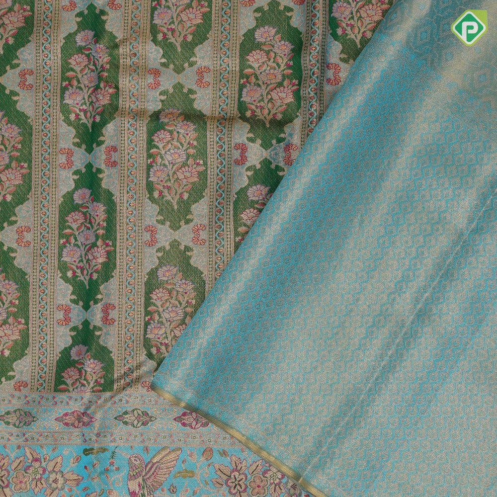 Shamrock green gold zari and multi color meena work rama blue meena work border jacquard tissue silk saree