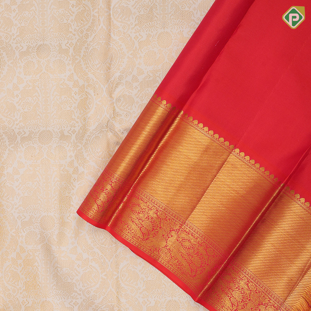 Milk white gold zari vanasingaram buttas design reddish pink gold zari double design border bridal silk saree