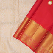 Milk white gold zari vanasingaram buttas design reddish pink gold zari double design border bridal silk saree