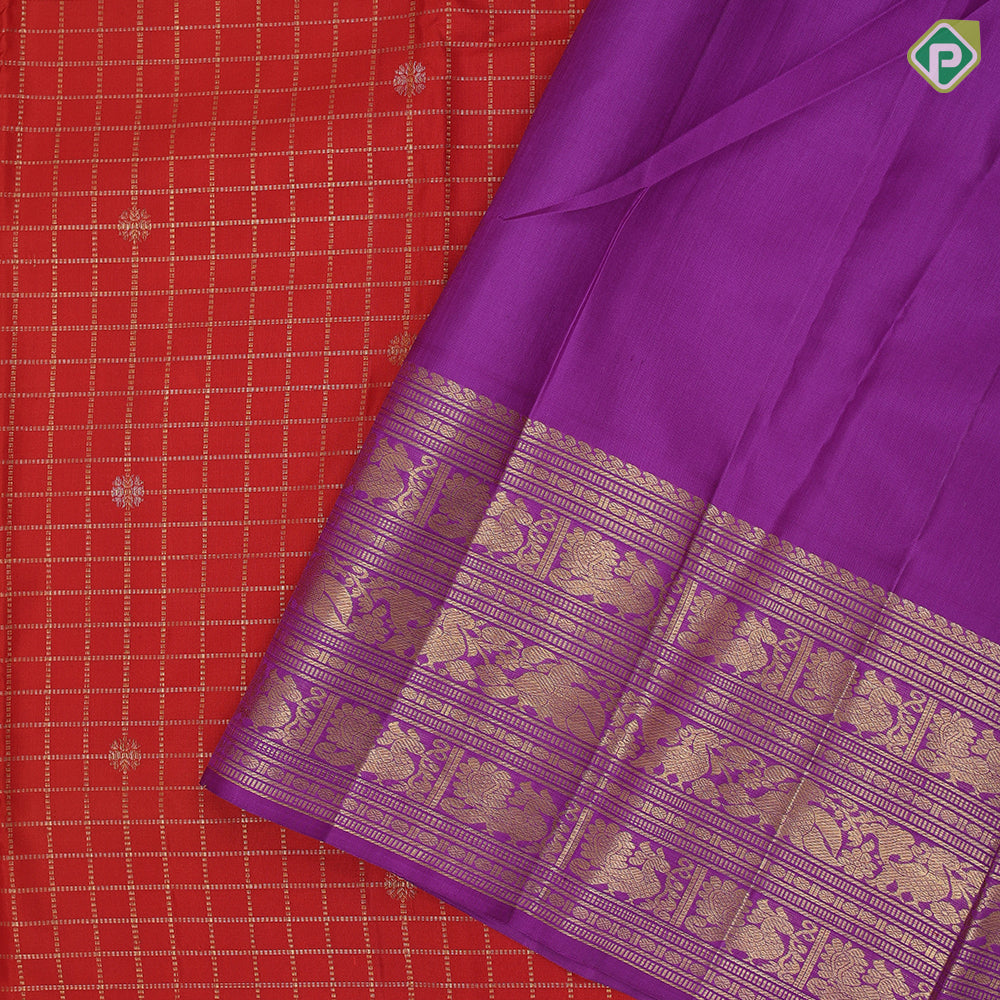 Crimson red gold zari kattam and rudraksham butta design dark lavender silver gold zari peacock butta lines border traditional silk saree