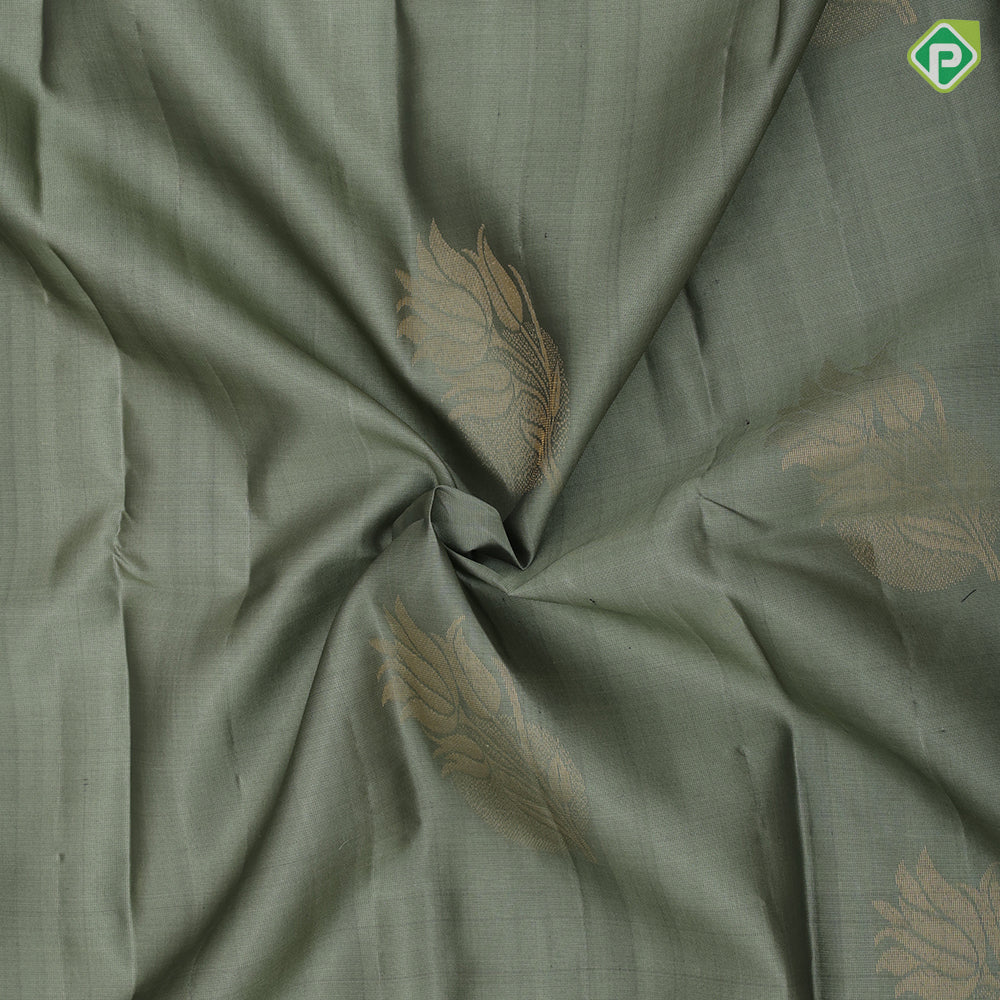 Sage green gold zari fancy lotus butta design forest green fancy flower butta border pure mix silk saree