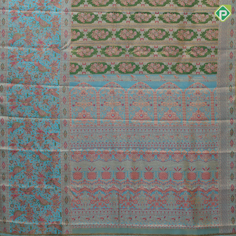 Shamrock green gold zari and multi color meena work rama blue meena work border jacquard tissue silk saree