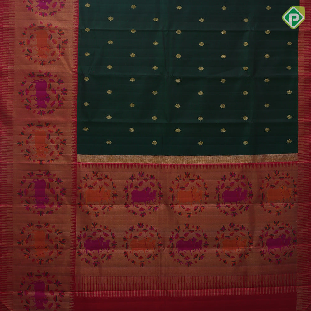 Bottle green gold zari rudraksham butta design red gold zari pichwai painting design high border bridal silk saree