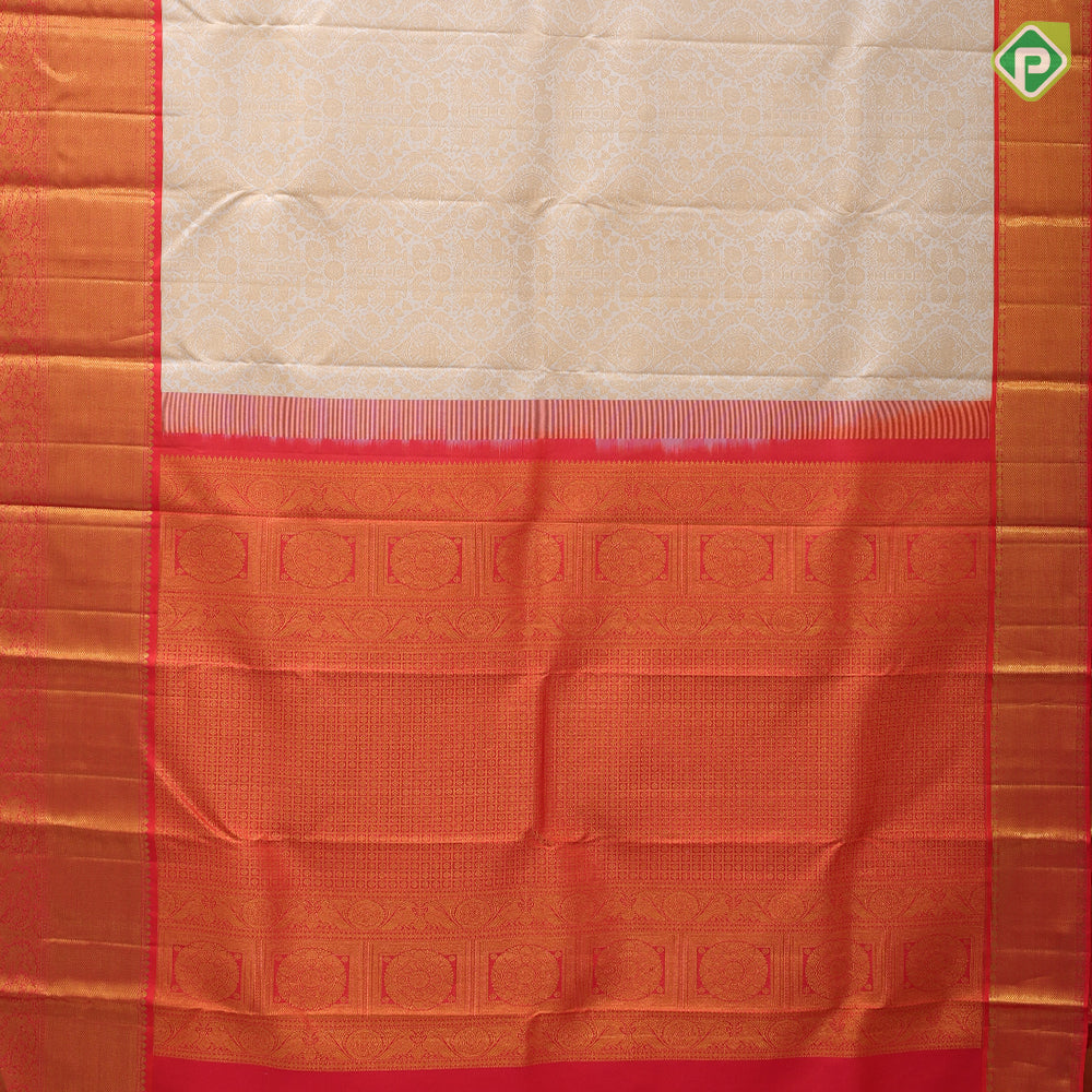 Milk white gold zari vanasingaram buttas design reddish pink gold zari double design border bridal silk saree