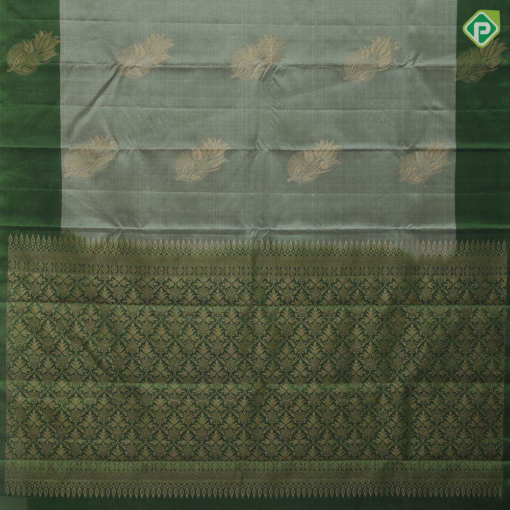 Sage green gold zari fancy lotus butta design forest green fancy flower butta border pure mix silk saree