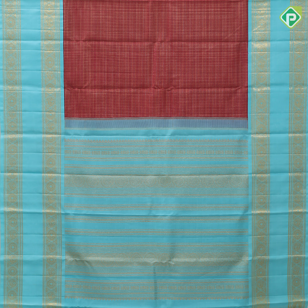 Maroon red gold zari kattam checkered design sky blue gold zari retta pett high border traditional vintage silk saree