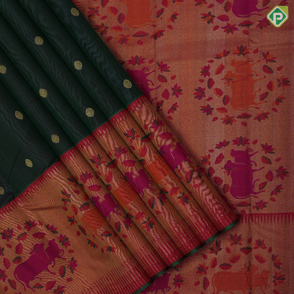 Bottle green gold zari rudraksham butta design red gold zari pichwai painting design high border bridal silk saree