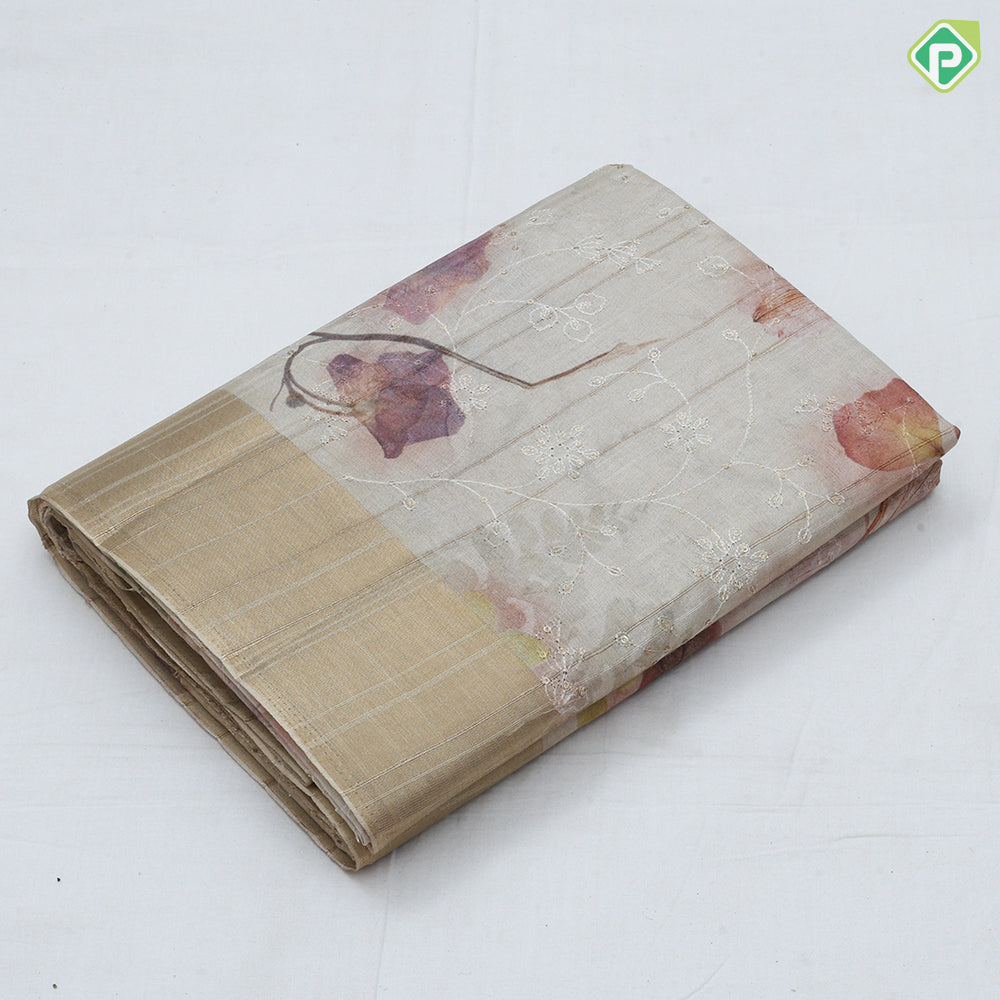 peach flower print and embroidered design gold zari plain border fancy cotton saree