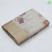 peach flower print and embroidered design gold zari plain border fancy cotton saree
