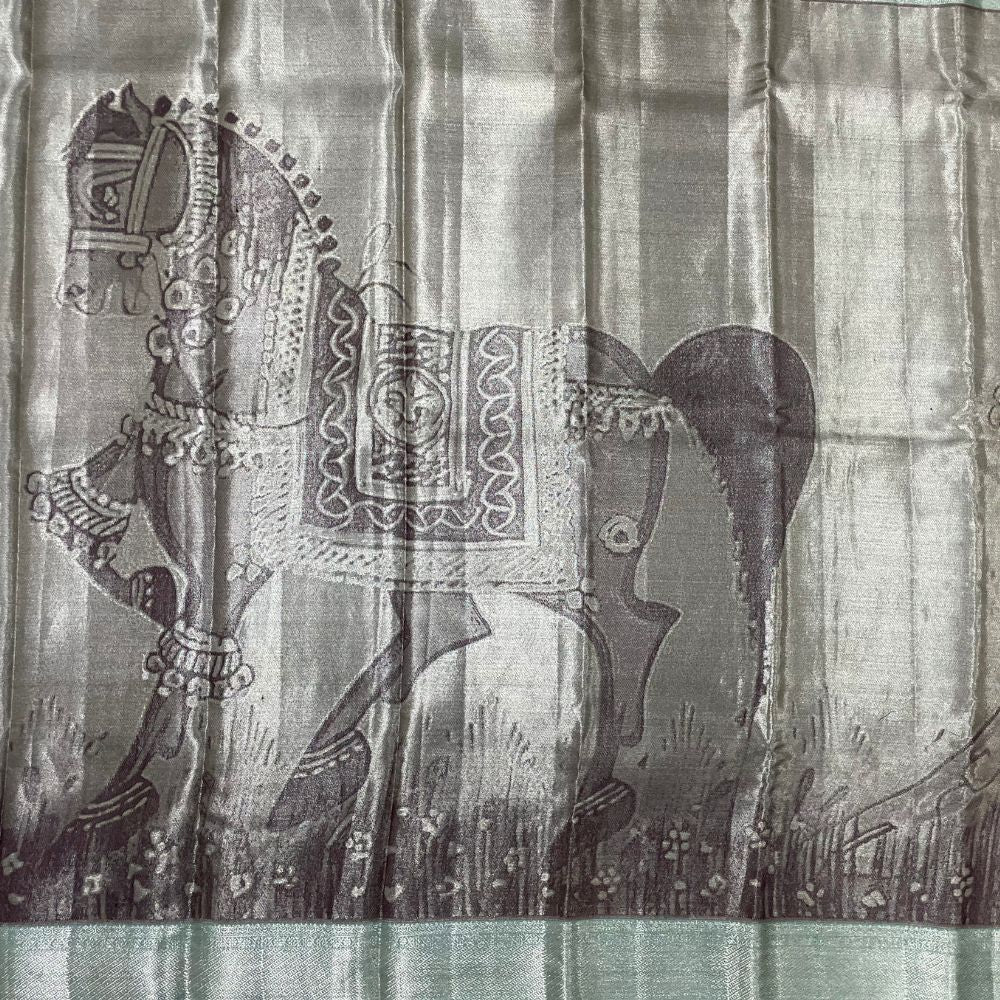 Silver Grey With Coffee Brown Silver Gold Zari Rangoli And Cross Lines Design Border Trendy Designer Silk Saree