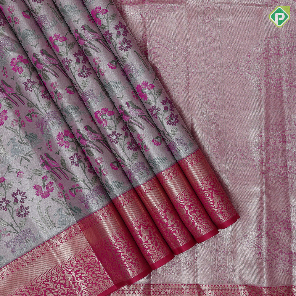 Pewter pink base multi color wild effect design dark green gold zari floral birds design border tissue art silk saree