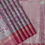 Pewter pink base multi color wild effect design dark green gold zari floral birds design border tissue art silk saree