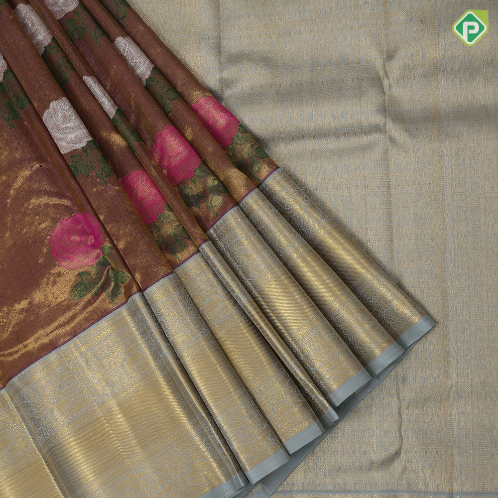 Purple gold zari tissue multi color rose meena work design pista green gold zari border bridal tissue silk saree