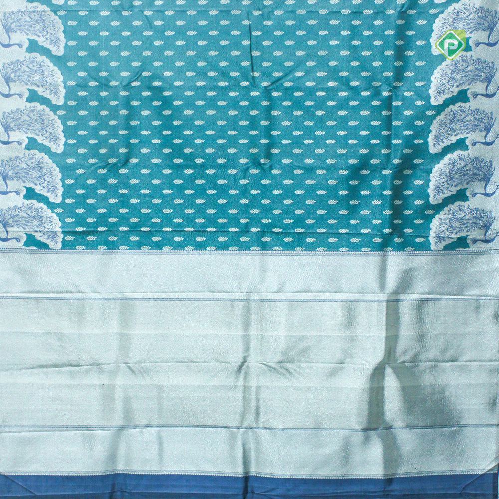Peacock Blue Silver Zari Fancy Turning Peacock Border Trendy Designer Silk Saree