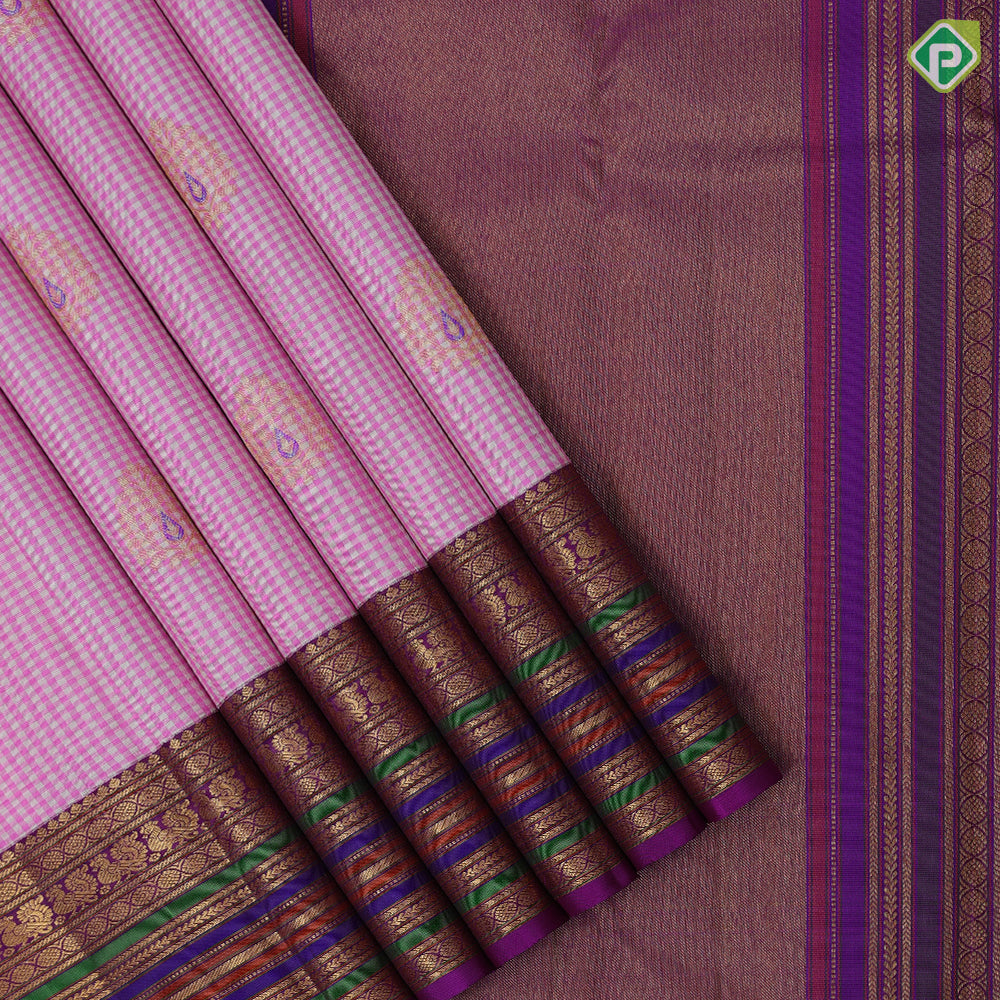White with pink checks Thilagam meena work design purple gold zari green edge meena work border traditional silk saree
