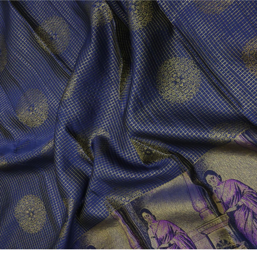 Royal Blue gold zari kattam checked round butta self thamayanthi stading posture art effect painting signature silk saree