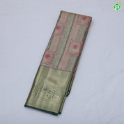 green base pastel red frame flower design self color gold zari grand border tissue art silk saree