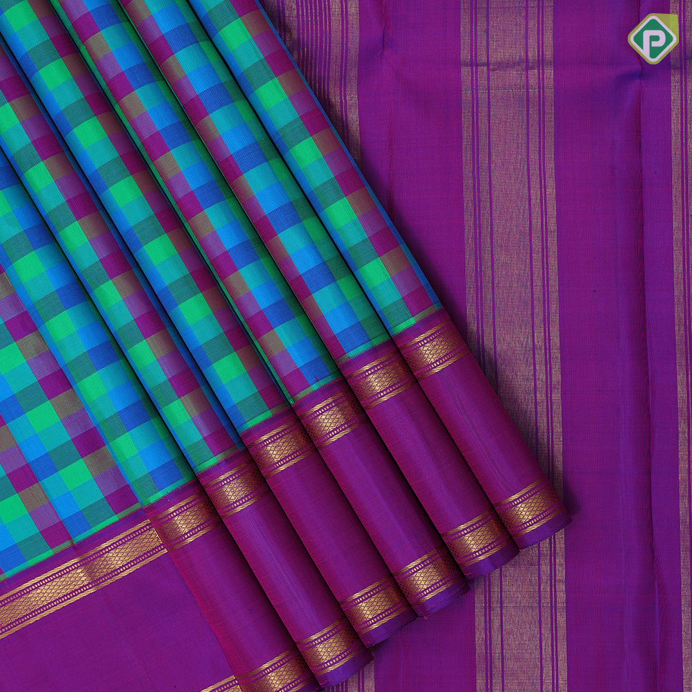 Multi color vibrant checks paalum pazhamum kattam design purple gold zari retta pett border traditional silk saree