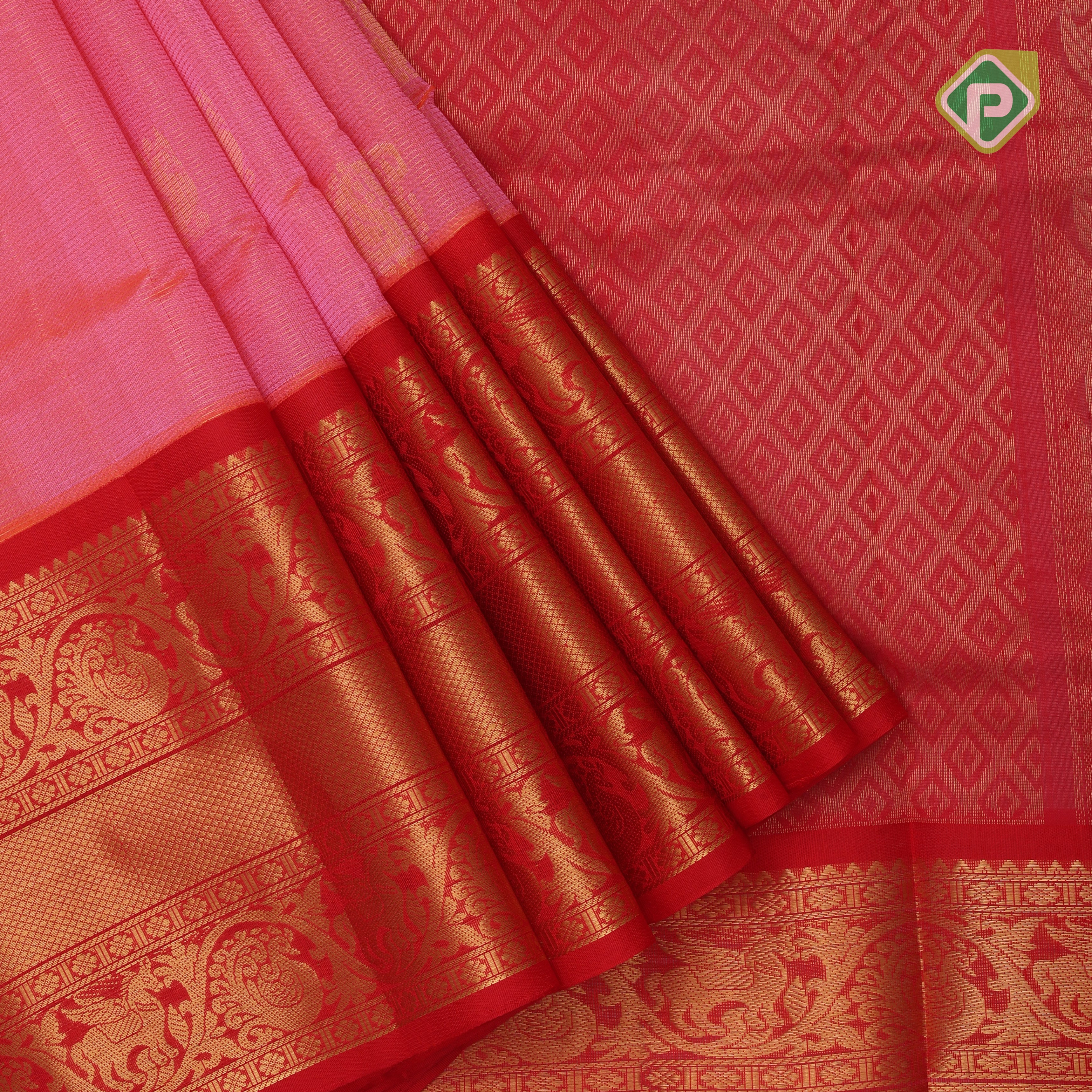 Peach pink gold zari peacock mango butta rani red gold zari mayilkan border silk cotton saree