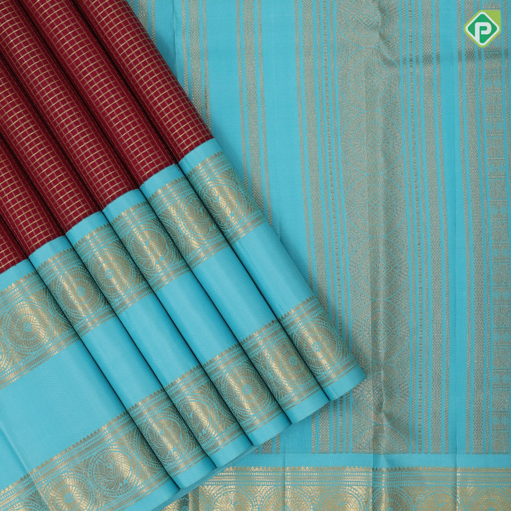Maroon red gold zari kattam checkered design sky blue gold zari retta pett high border traditional vintage silk saree