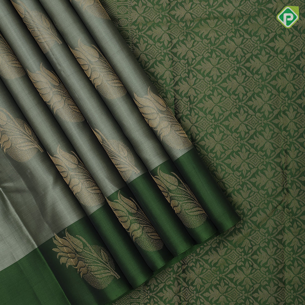 Sage green gold zari fancy lotus butta design forest green fancy flower butta border pure mix silk saree