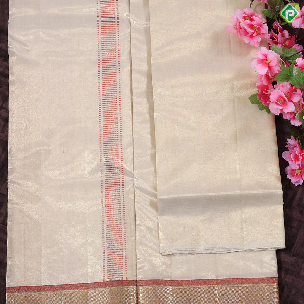 Sandal Gold Zari by zari tissue ganga jamuna border Exclusive Groom 3 in 1 Pure Silk dhoti Vesti Set