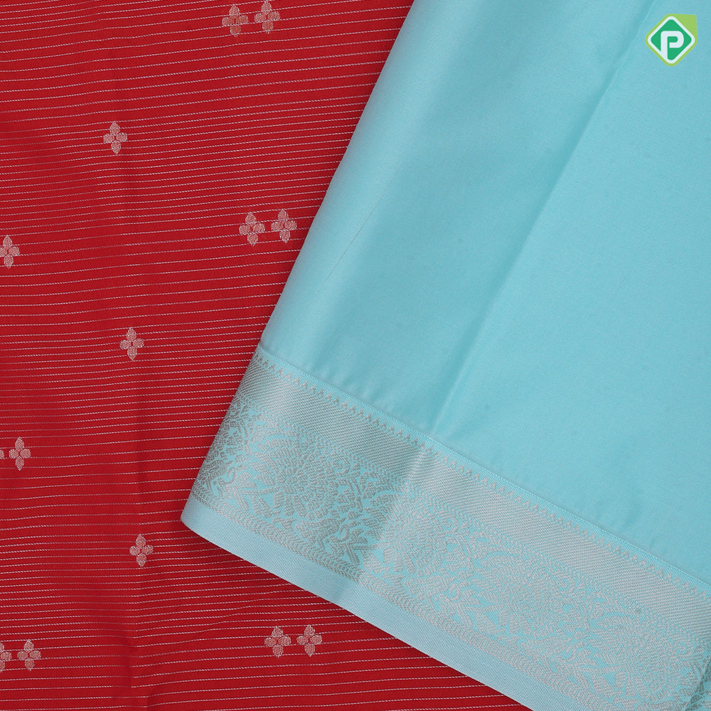 Tomato red gold zari lines and star butta design sky blue neem zari rangoli border art silk saree