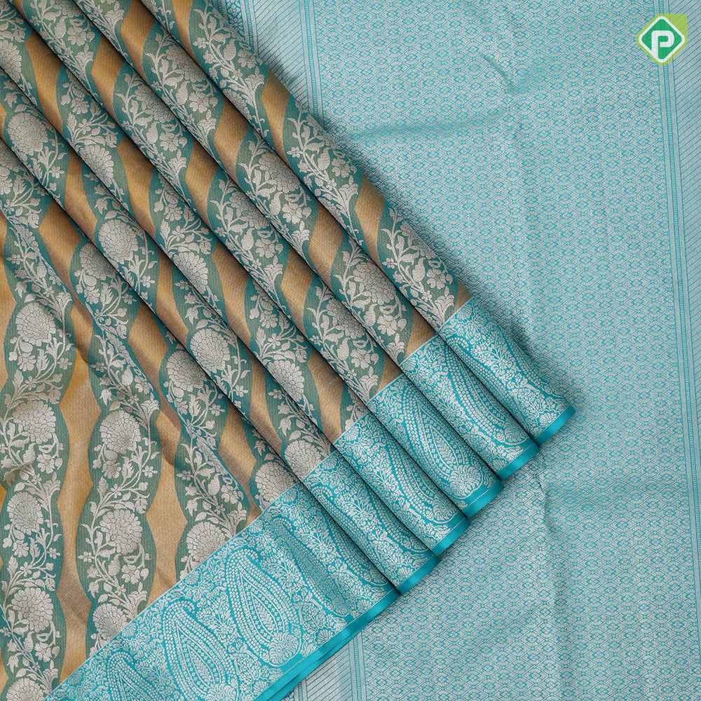 Golden yellow base sea green silver gold zari grand floral design sea green silver gold zari mango border Rangkat silk saree