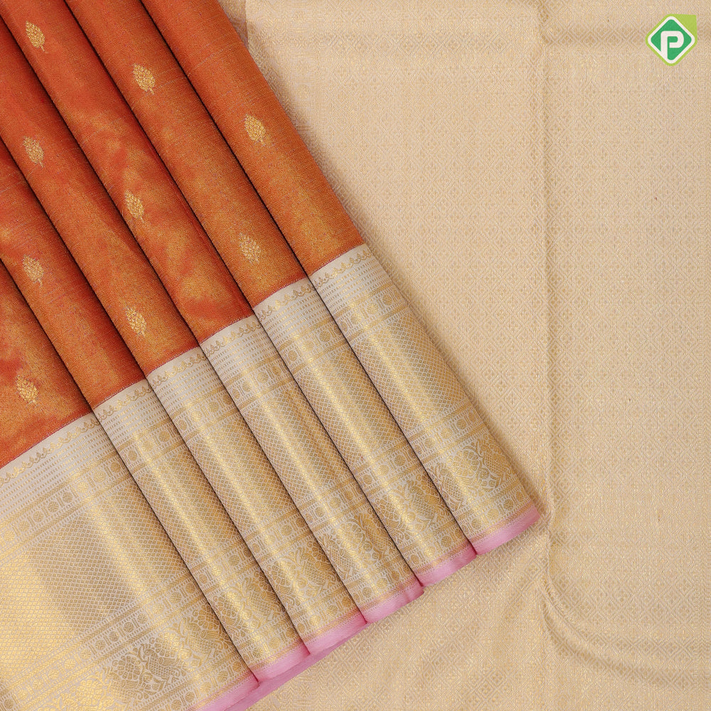 Flame orange gold zari tissue leaf buds butta design cream white gold zari mayilkan peacock butta lines border grand tissue silk saree