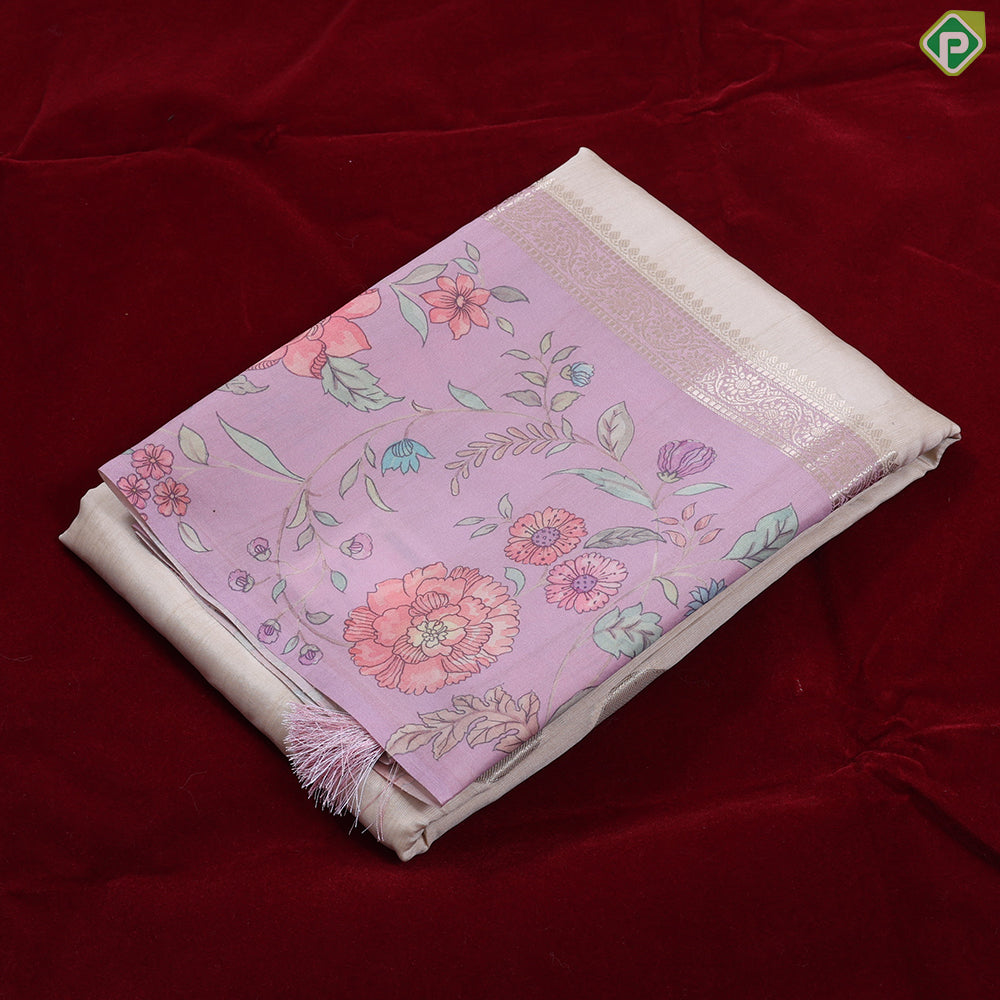 cream with gold zari round butta design baby pink multi colour floral border semi tusser saree