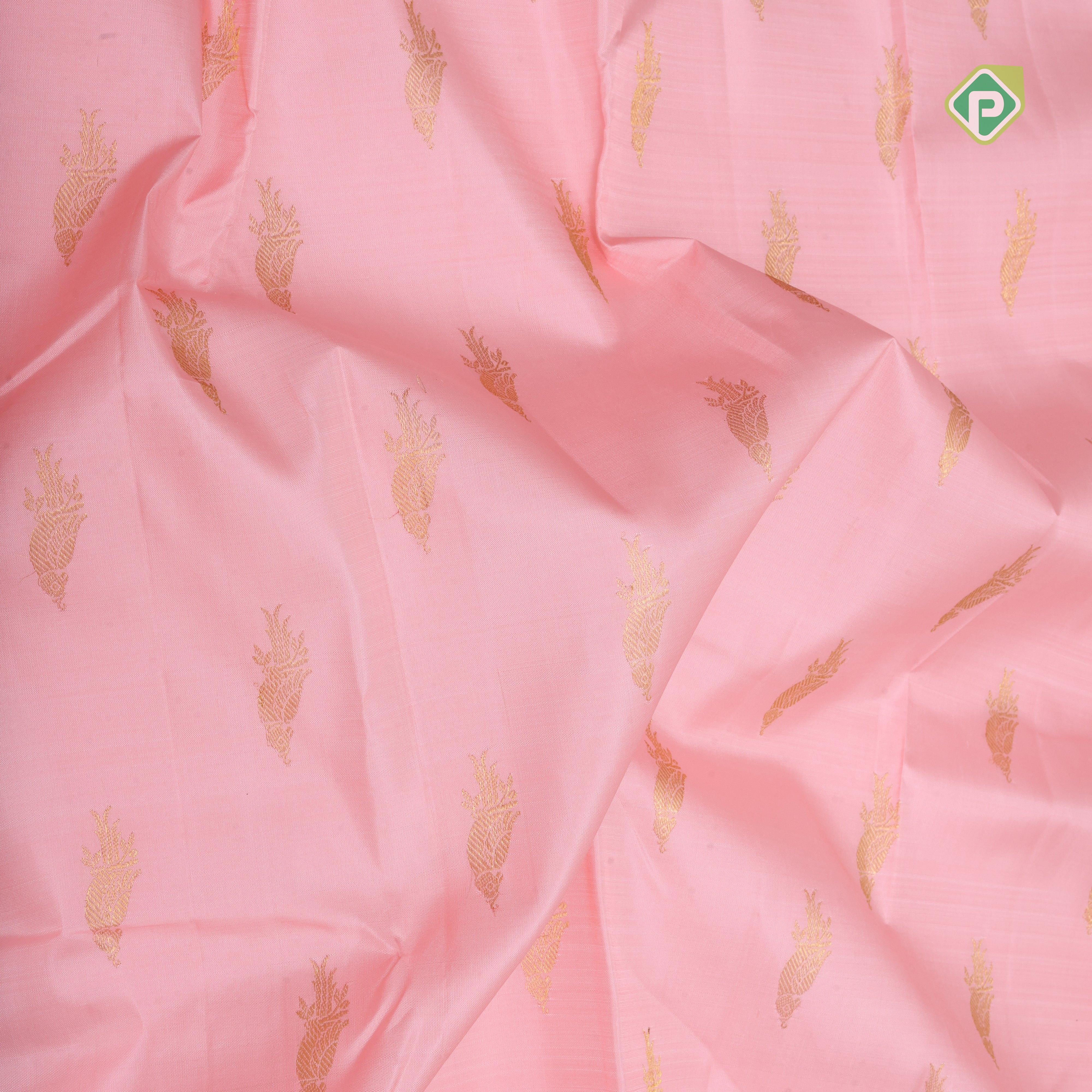 Baby pink gold zari parrot butta design self color gold zari gatti border bridal silk saree