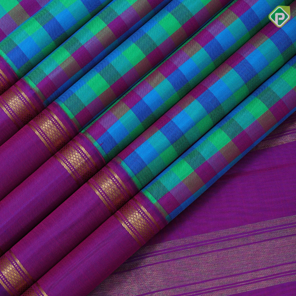 Multi color vibrant checks paalum pazhamum kattam design purple gold zari retta pett border traditional silk saree