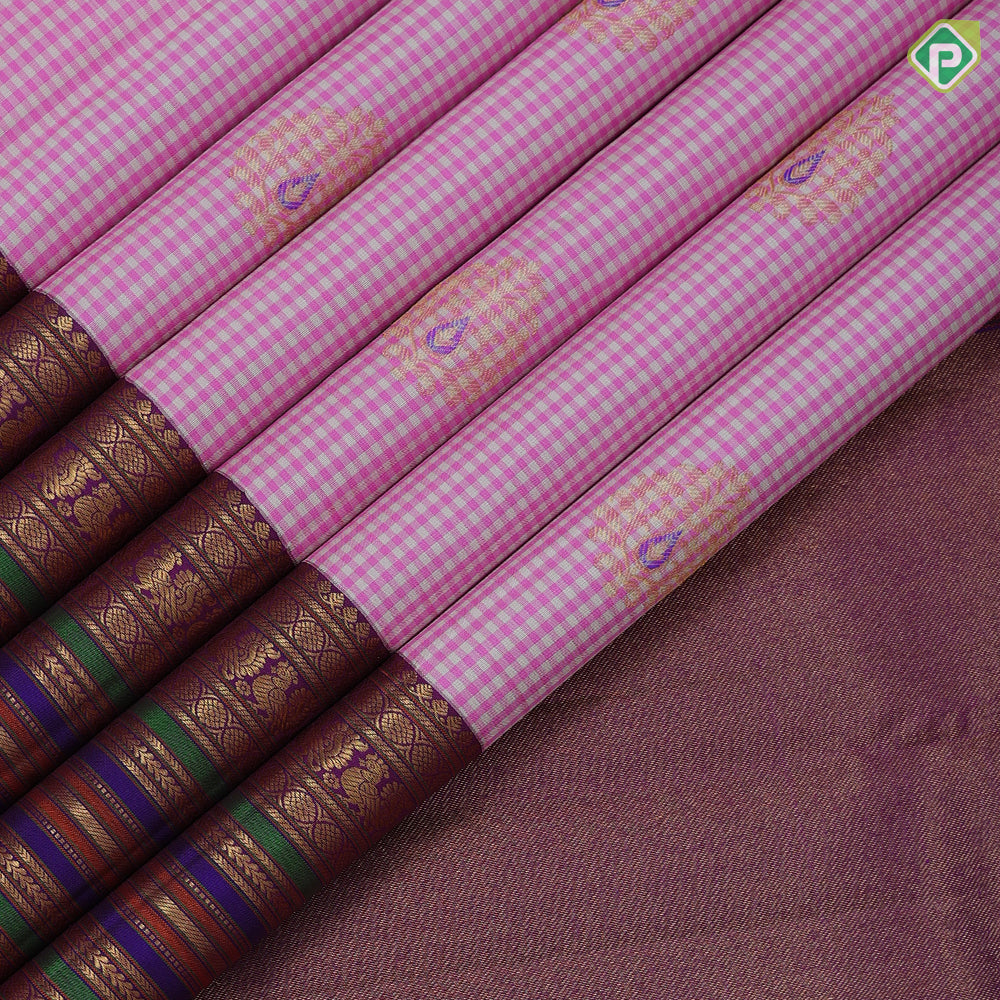 White with pink checks Thilagam meena work design purple gold zari green edge meena work border traditional silk saree