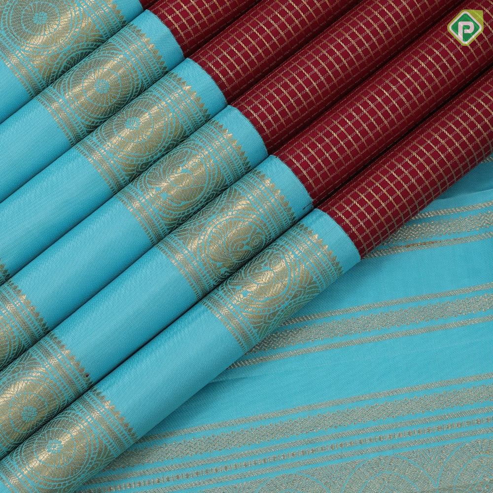 Maroon red gold zari kattam checkered design sky blue gold zari retta pett high border traditional vintage silk saree