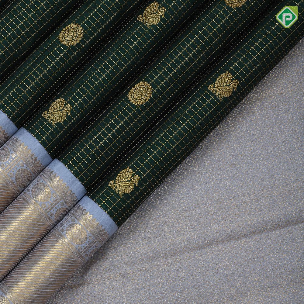 Bottle Green Gold Zari Vairaoosi Checks Peacock Chagaram design Glacier Gray Chagaram Wave Design Border Traditional Silk Saree