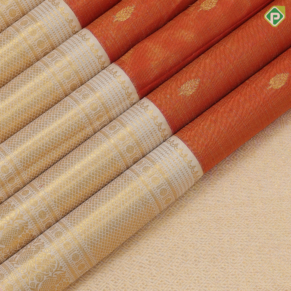 Flame orange gold zari tissue leaf buds butta design cream white gold zari mayilkan peacock butta lines border grand tissue silk saree