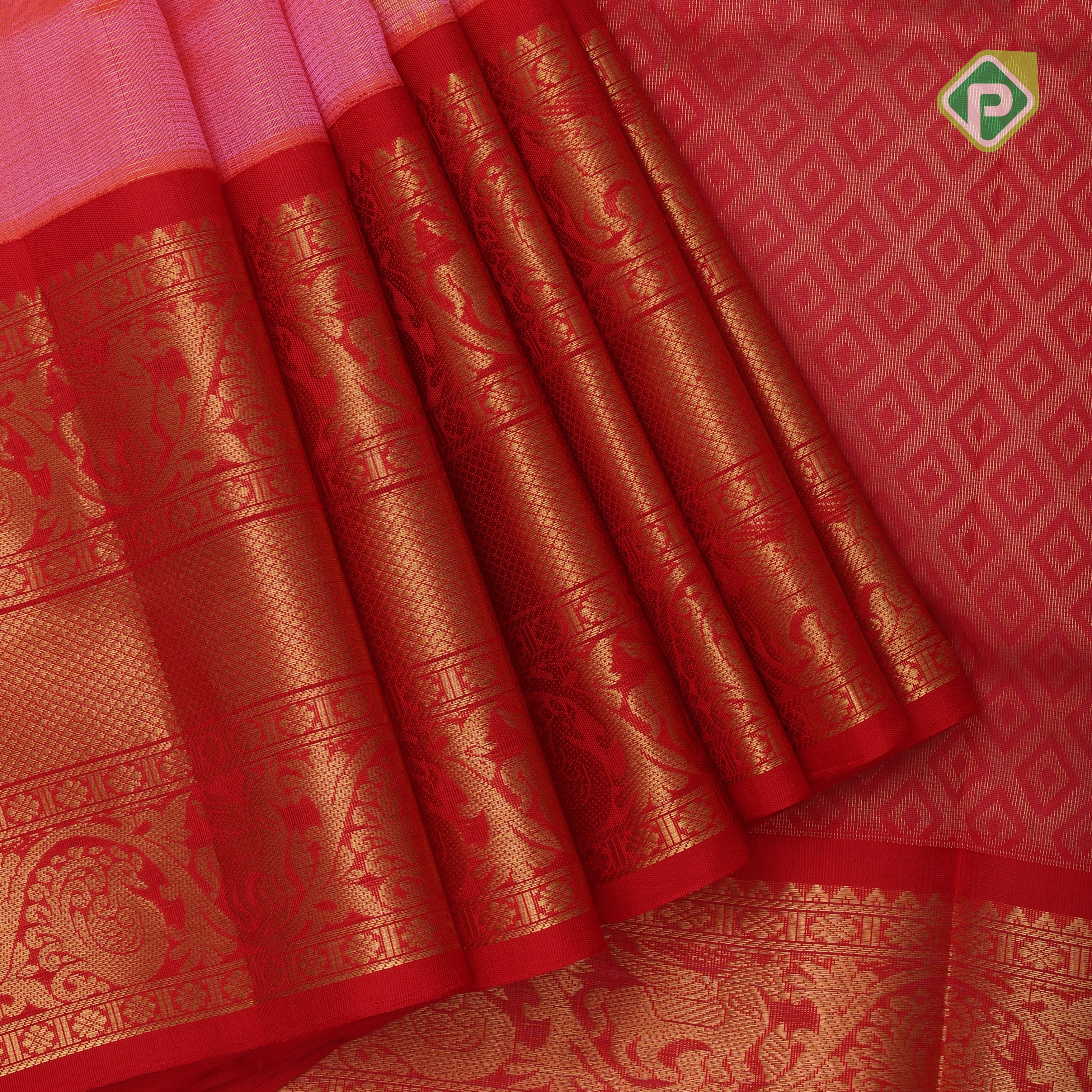 Peach pink gold zari peacock mango butta rani red gold zari mayilkan border silk cotton saree