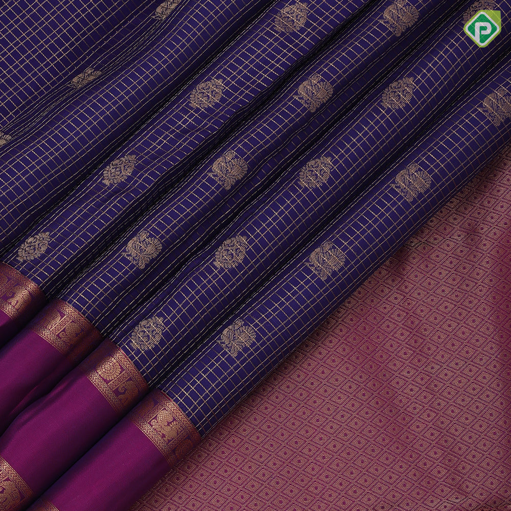 Royal Blue Gold Zari Small Checks Peacock Thilagam Design Magenta Peacock Chagaram Elephant Border Design Pure Mix Silk Saree