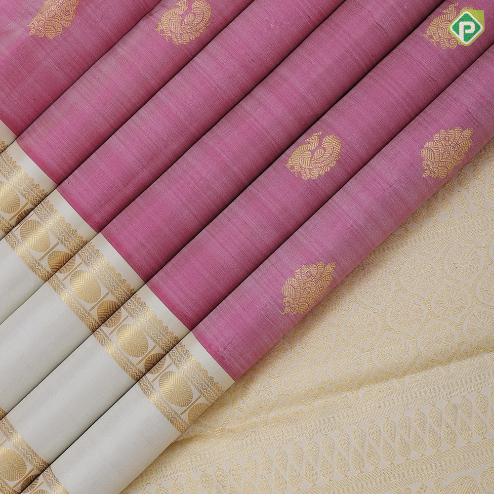 Onion pink gold zari annam and fancy thilagam butta contrast creamy sandal gold zari rettapet border traditional silk saree
