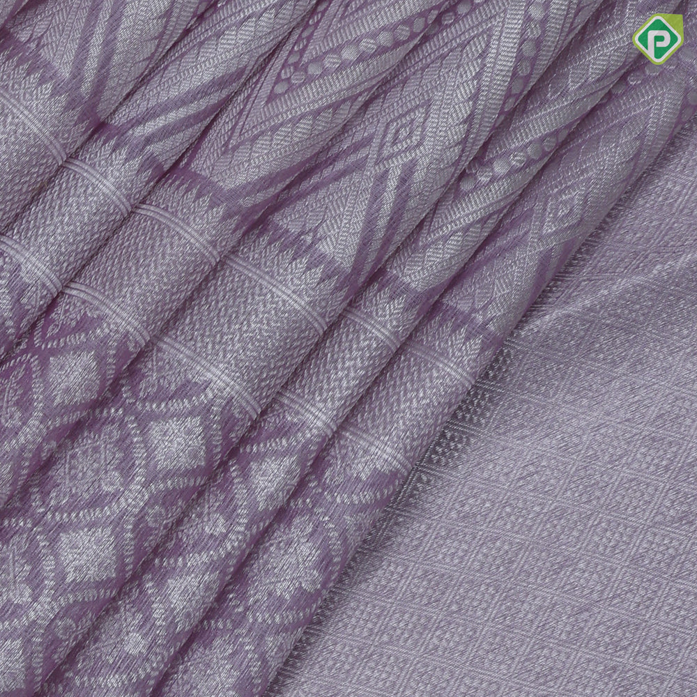 Lavender base silver zari zig zag design self silver zari fancy round border kanchi koora silk saree