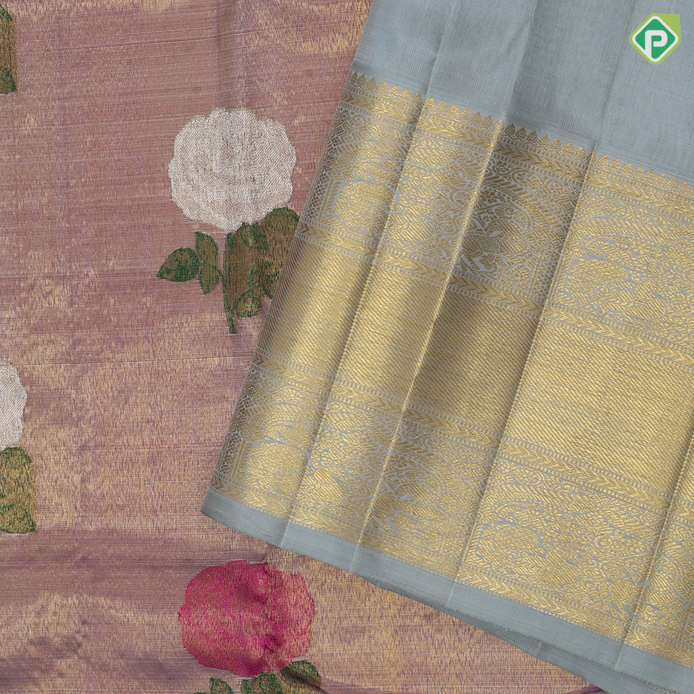 Purple gold zari tissue multi color rose meena work design pista green gold zari border bridal tissue silk saree