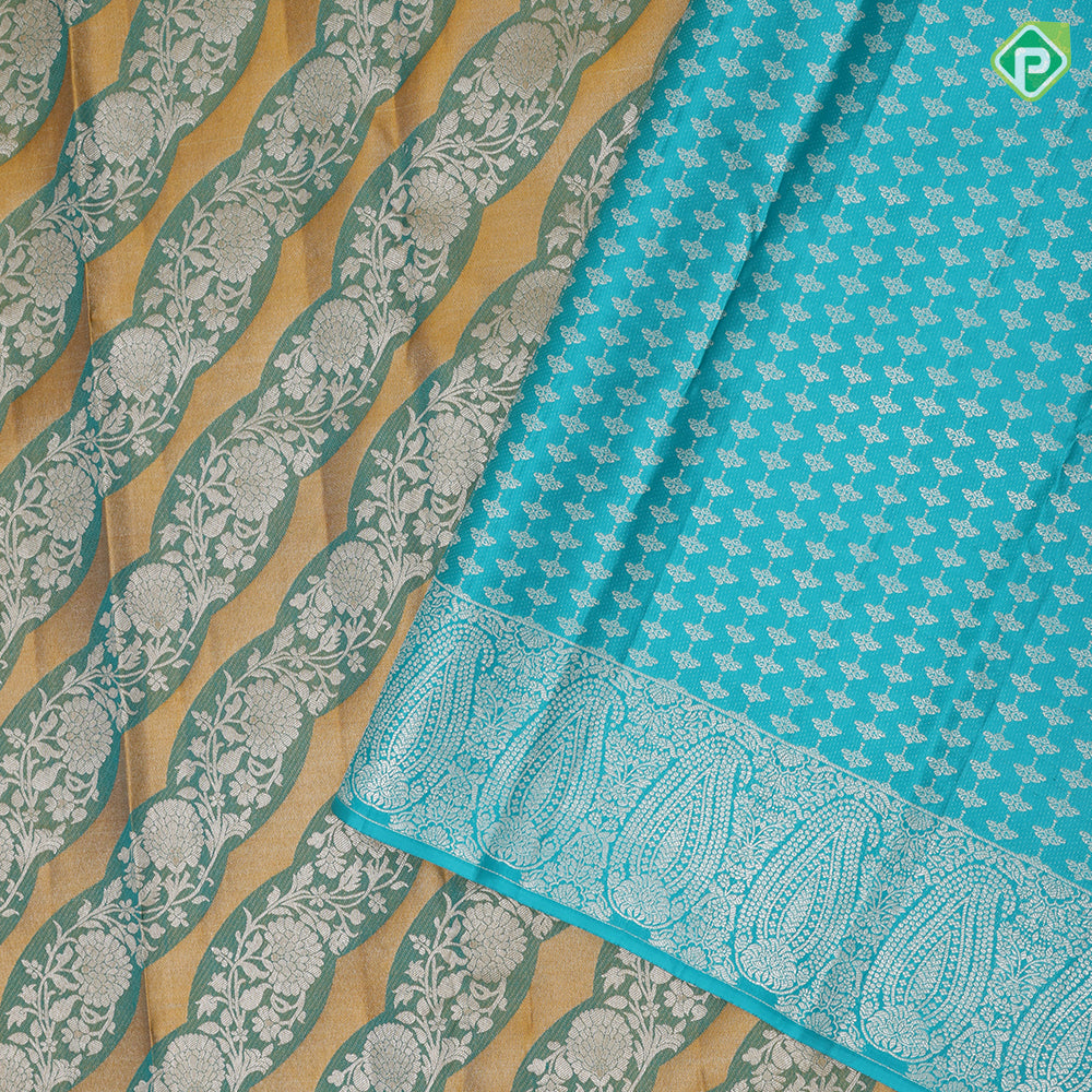 Golden yellow base sea green silver gold zari grand floral design sea green silver gold zari mango border Rangkat silk saree