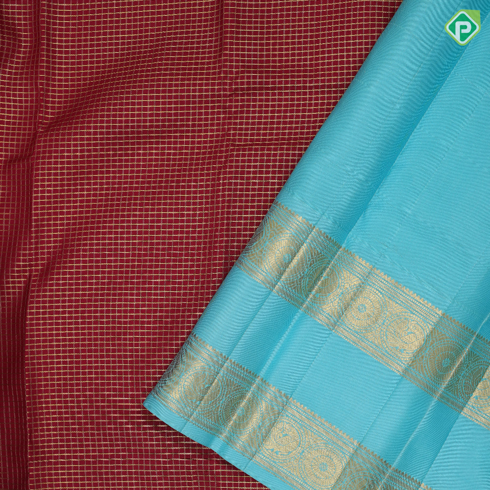 Maroon red gold zari kattam checkered design sky blue gold zari retta pett high border traditional vintage silk saree