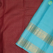 Maroon red gold zari kattam checkered design sky blue gold zari retta pett high border traditional vintage silk saree