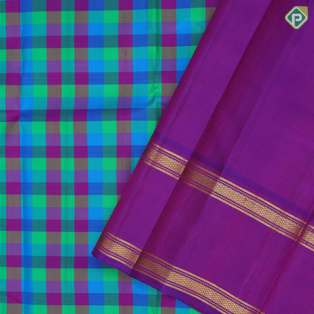 Multi color vibrant checks paalum pazhamum kattam design purple gold zari retta pett border traditional silk saree