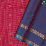 Rani Pink Gold Zari Small Checks Peacock Thilagam Design peacock Blue Peacock Elephant Chagaram Border Design Pure Mix Silk Saree