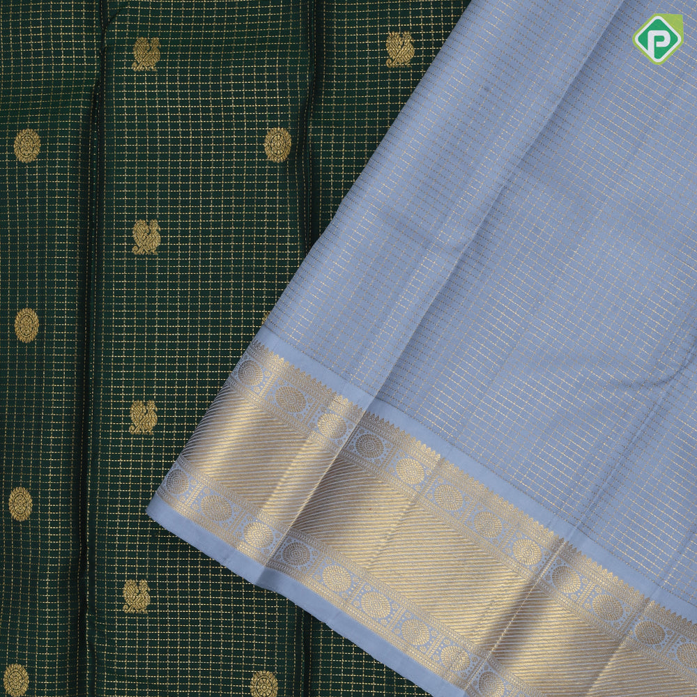 Bottle Green Gold Zari Vairaoosi Checks Peacock Chagaram design Glacier Gray Chagaram Wave Design Border Traditional Silk Saree