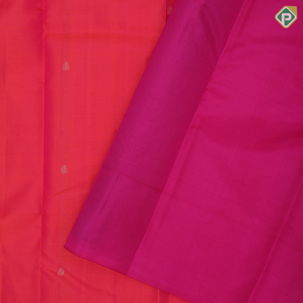Orangish pink gold zari small kalasham butta design Rose pink silver gold zari banaras style border gift silk saree