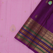 White with pink checks Thilagam meena work design purple gold zari green edge meena work border traditional silk saree