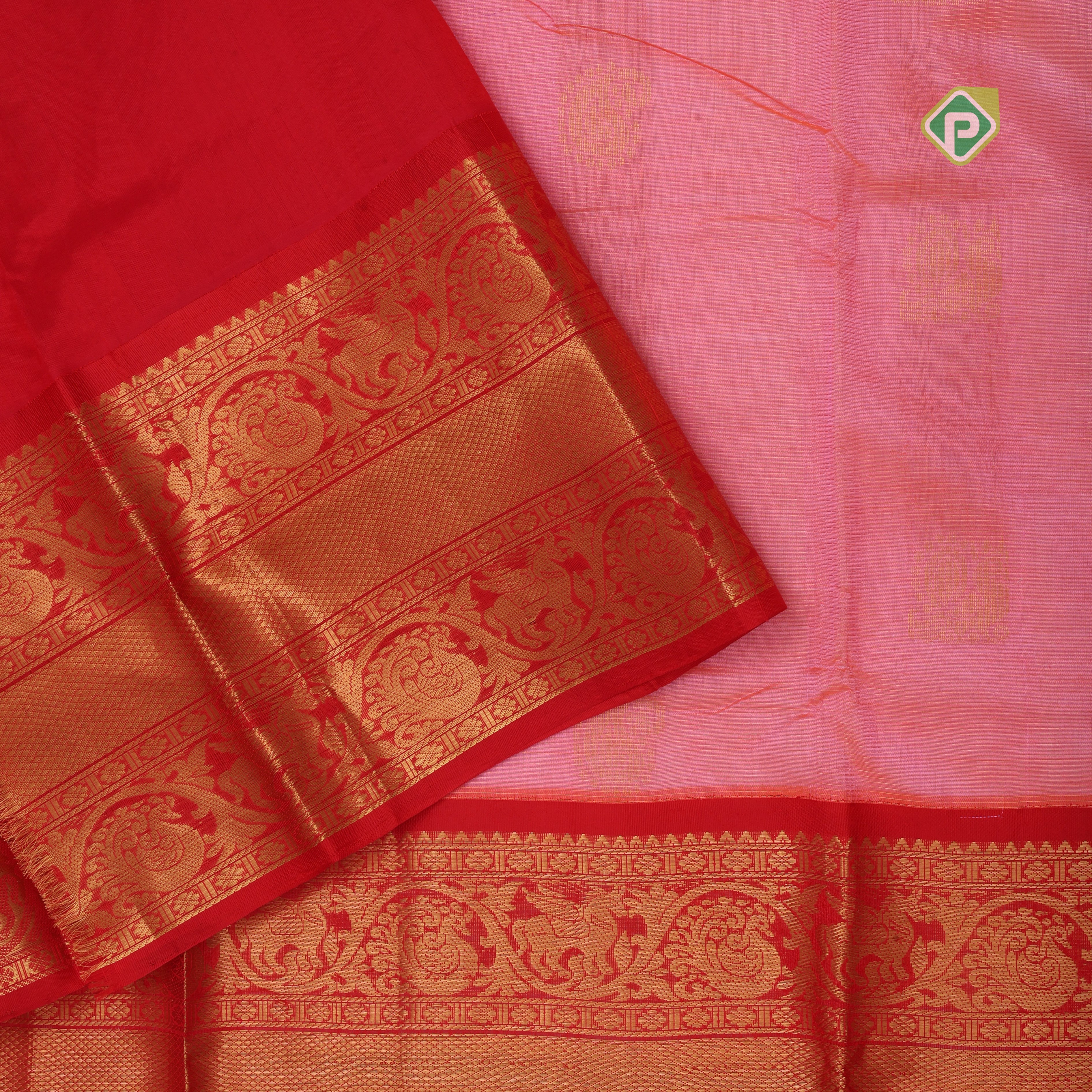 Peach pink gold zari peacock mango butta rani red gold zari mayilkan border silk cotton saree